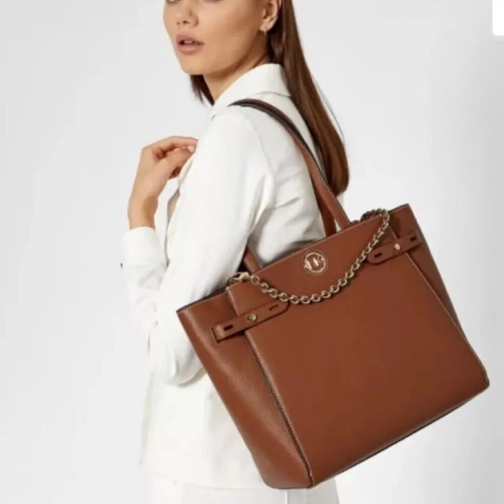 MICHAEL KORS CARMEN LARGE TOTE PEBBLE LEATHER CHESTNUT‎ GOLD VERSATILE CARRY ALL